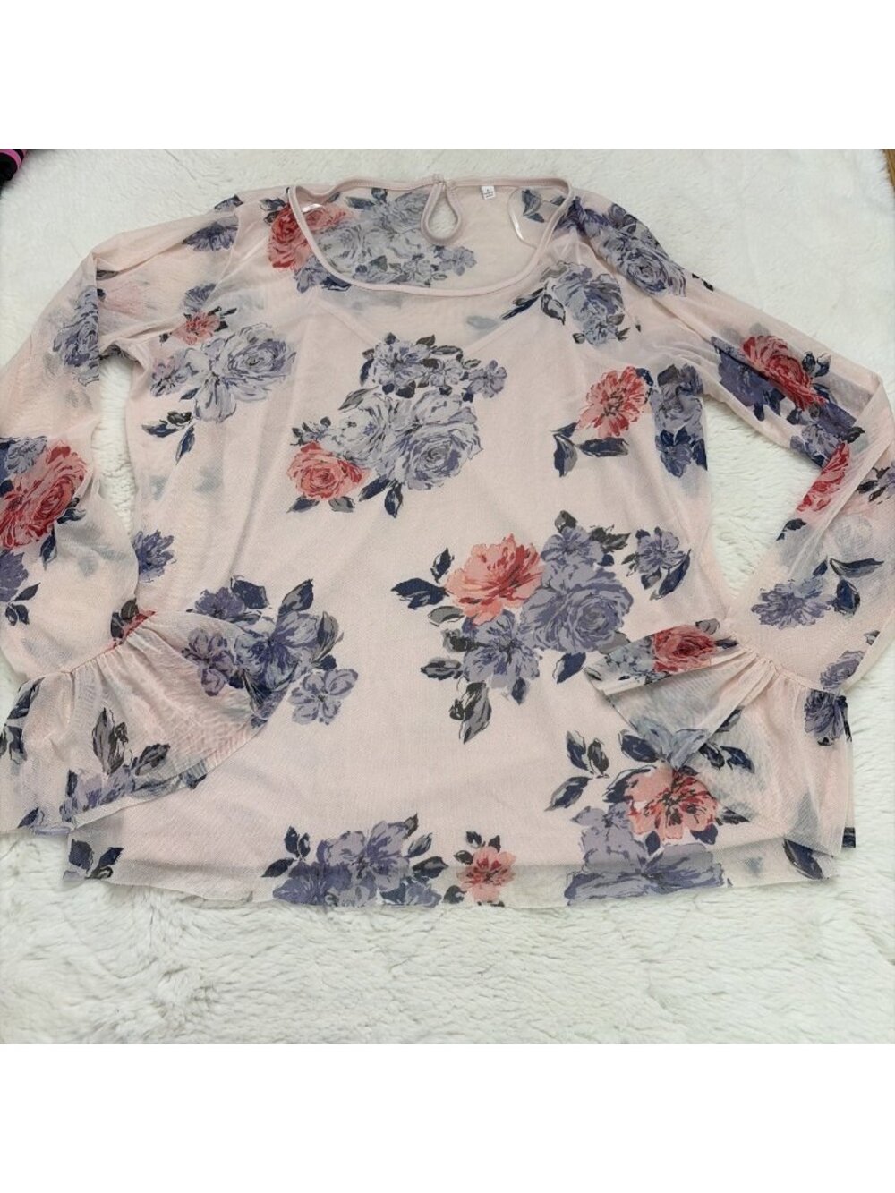 Candies Womens Sheer Floral Pink Blouse L Ruffle Wrist